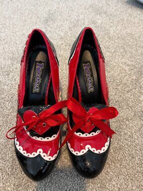 Funtasma by Pleaser Platform Heels Size 10 Red Black Heart Lace  Mary Jane Goth